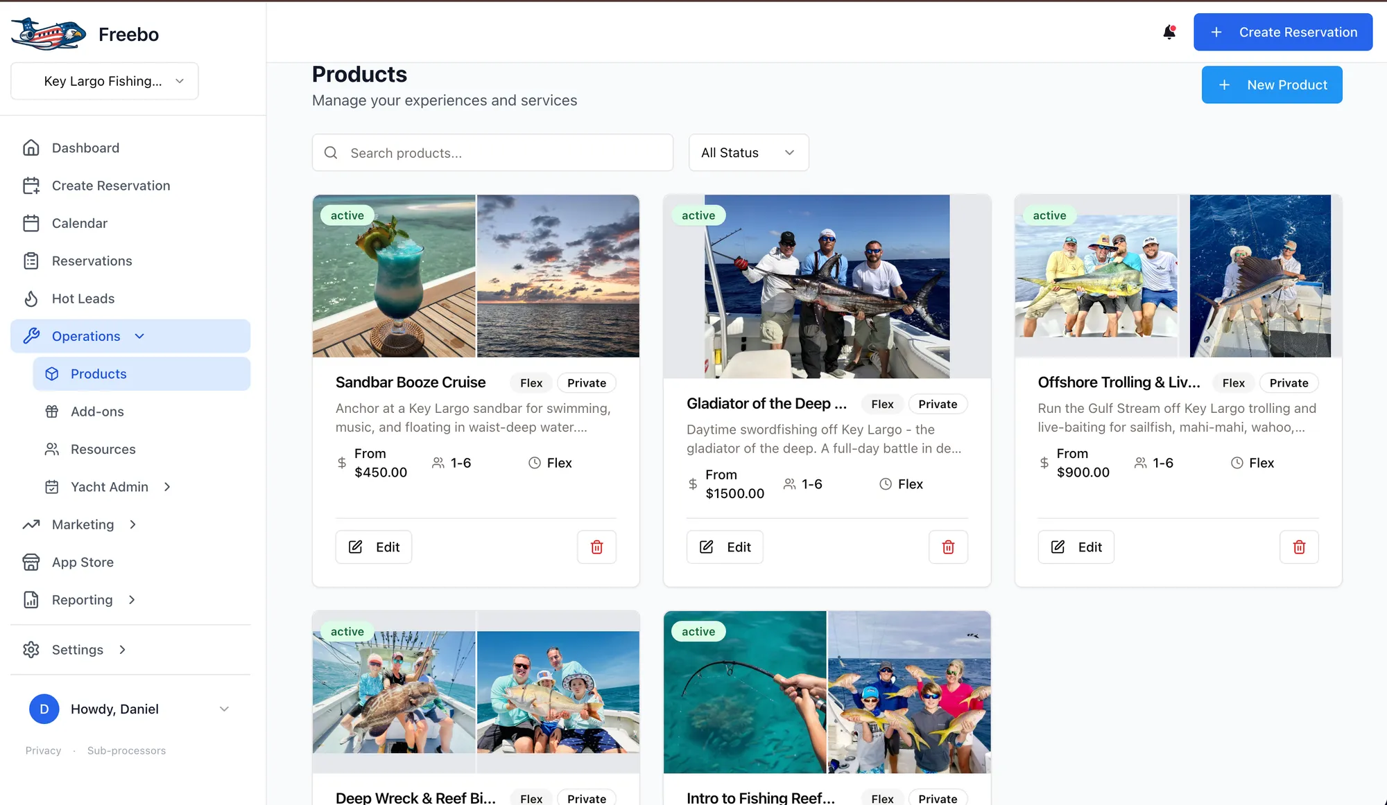 Freebo operator dashboard — product catalog with photo cards